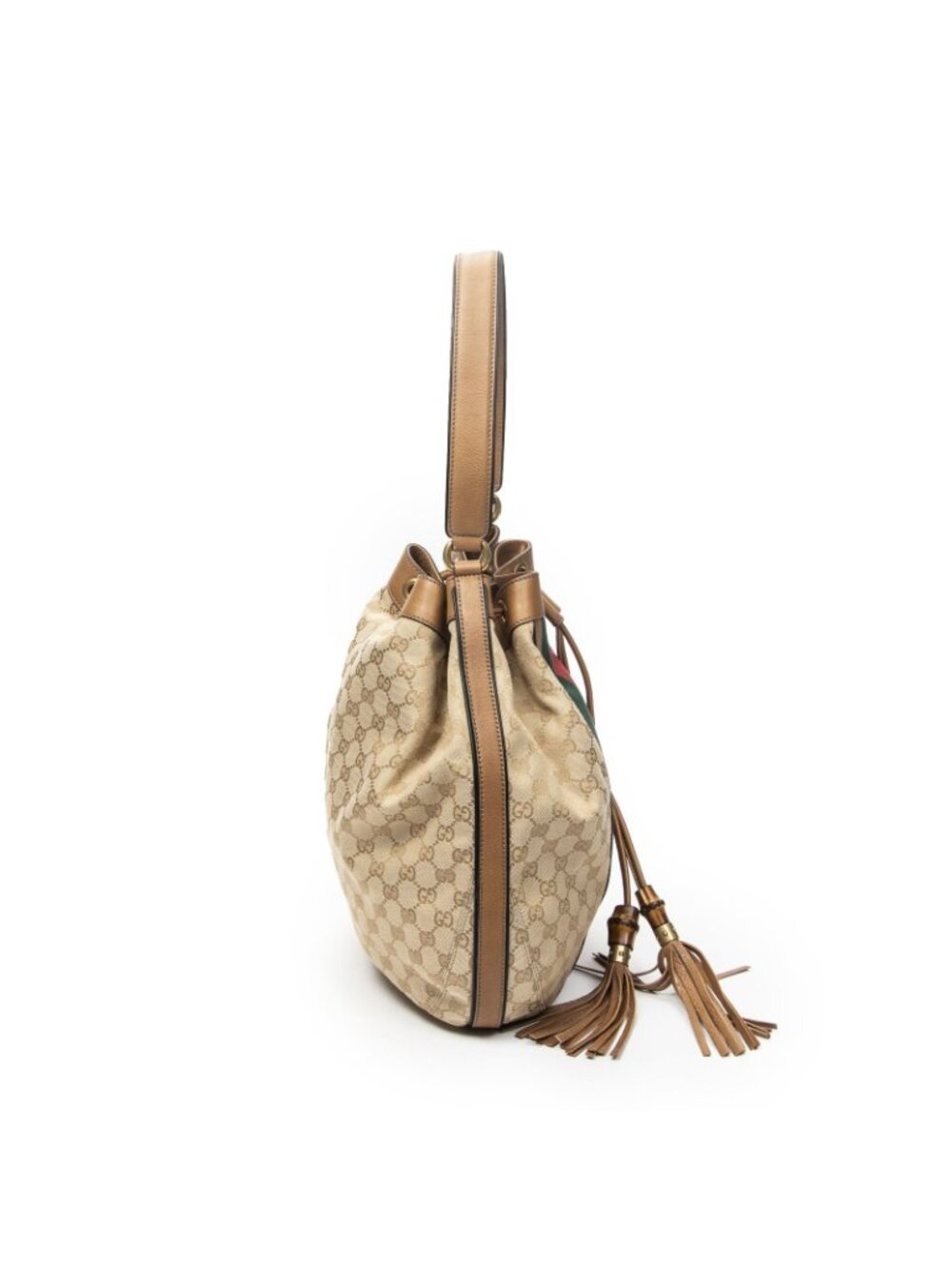 Gucci Web Rania Drawstring Hobo Tan Beige GG Canvas - Picture 4 of 10